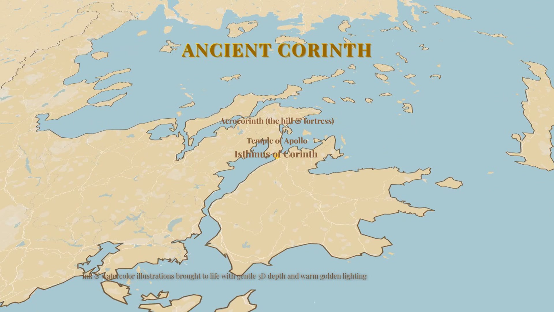 Cinematic 3D Historical Map — Ancient Corinth: Isthmus, Acrocorinth Fortress & Temple of Apollo on Aged Parchment — AI map animation template