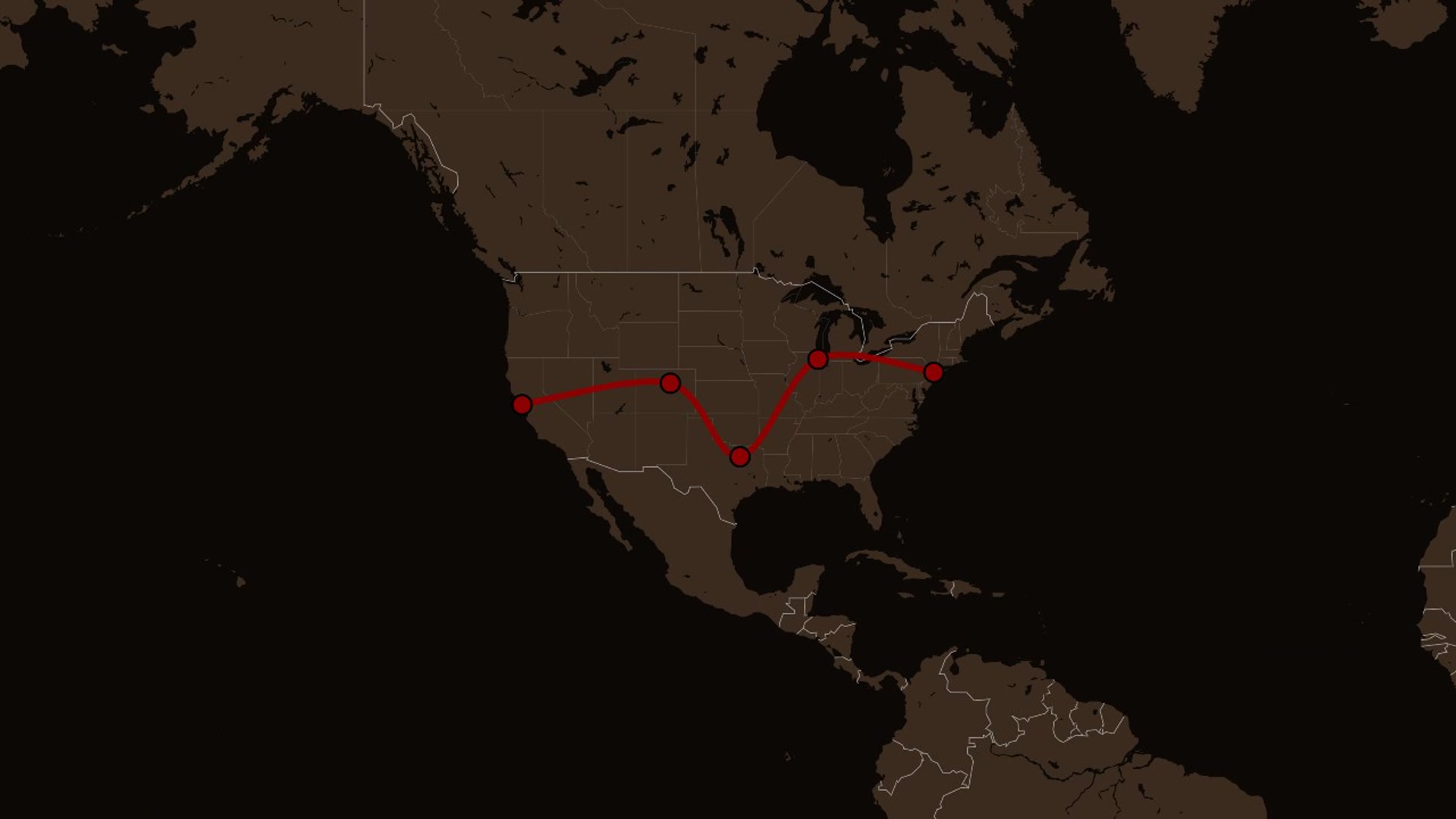 1930s True-Crime Sepia Map of the United States — Red Ink Route with Pulsing Stops — AI map animation template