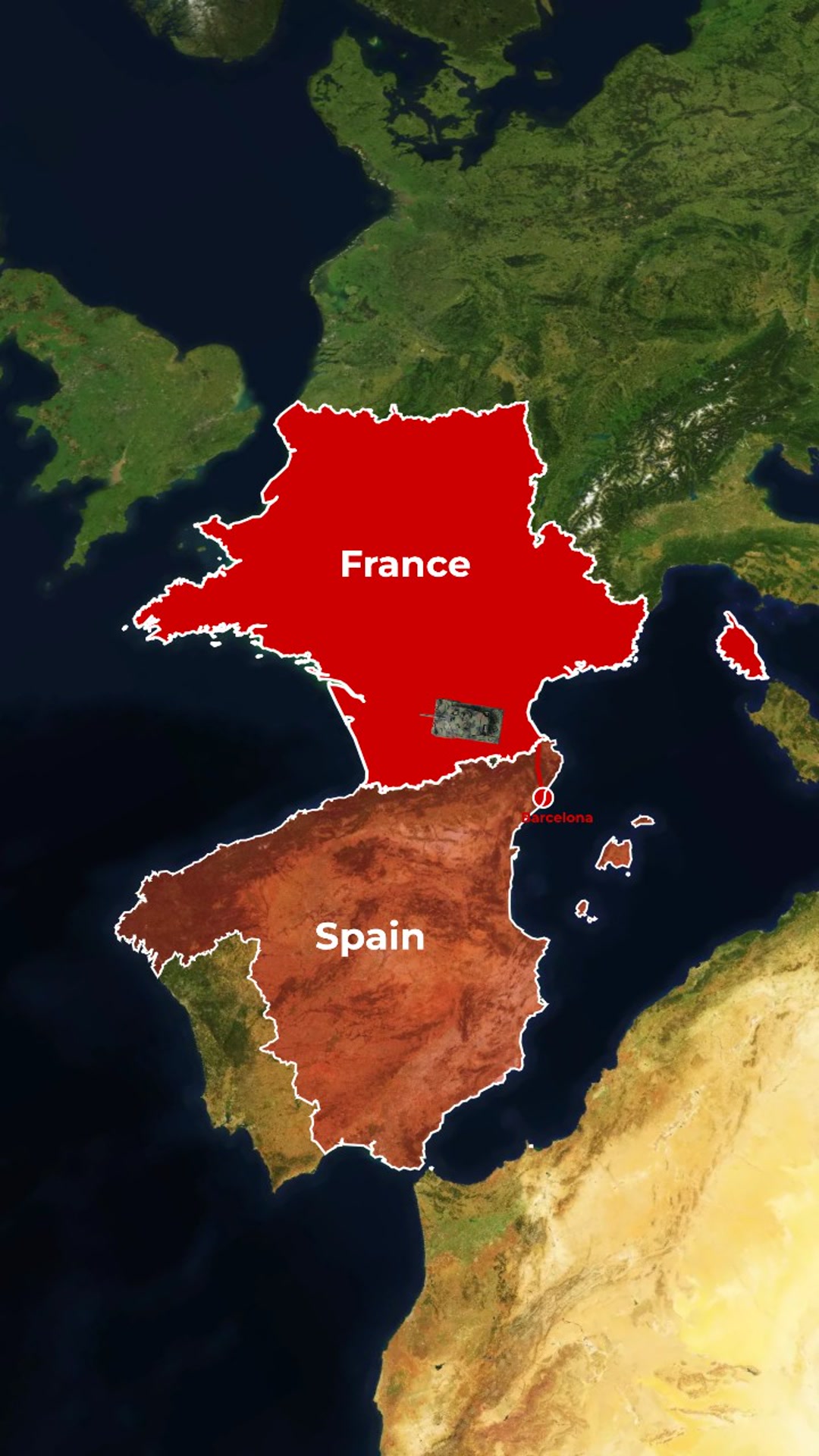 Spain → France Incursion: Red Border Highlight with Tank Advance — AI map animation template