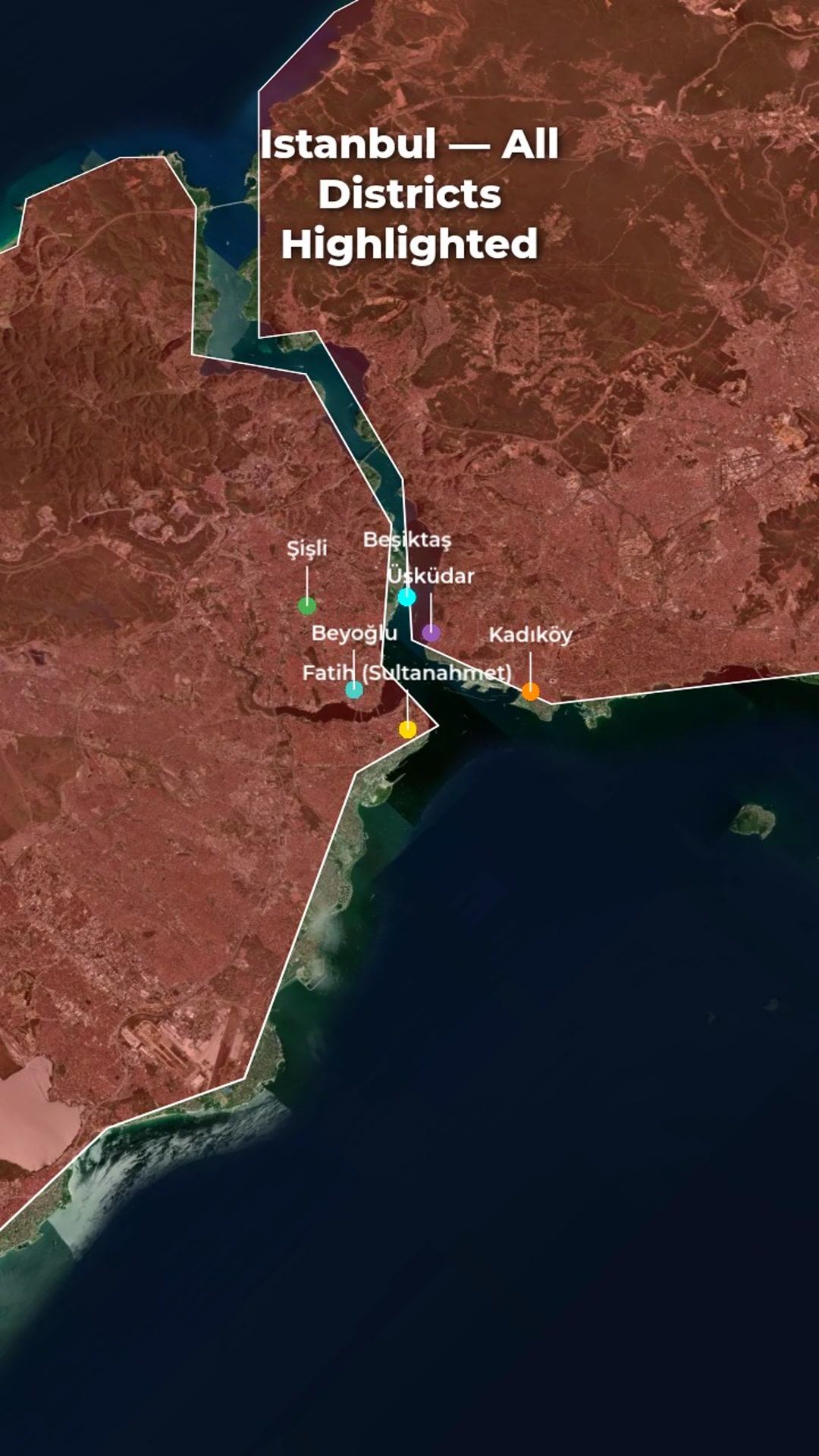 Cinematic Zoom-Out: Sultanahmet (Istanbul, TR) to Citywide District Highlights — AI map animation template