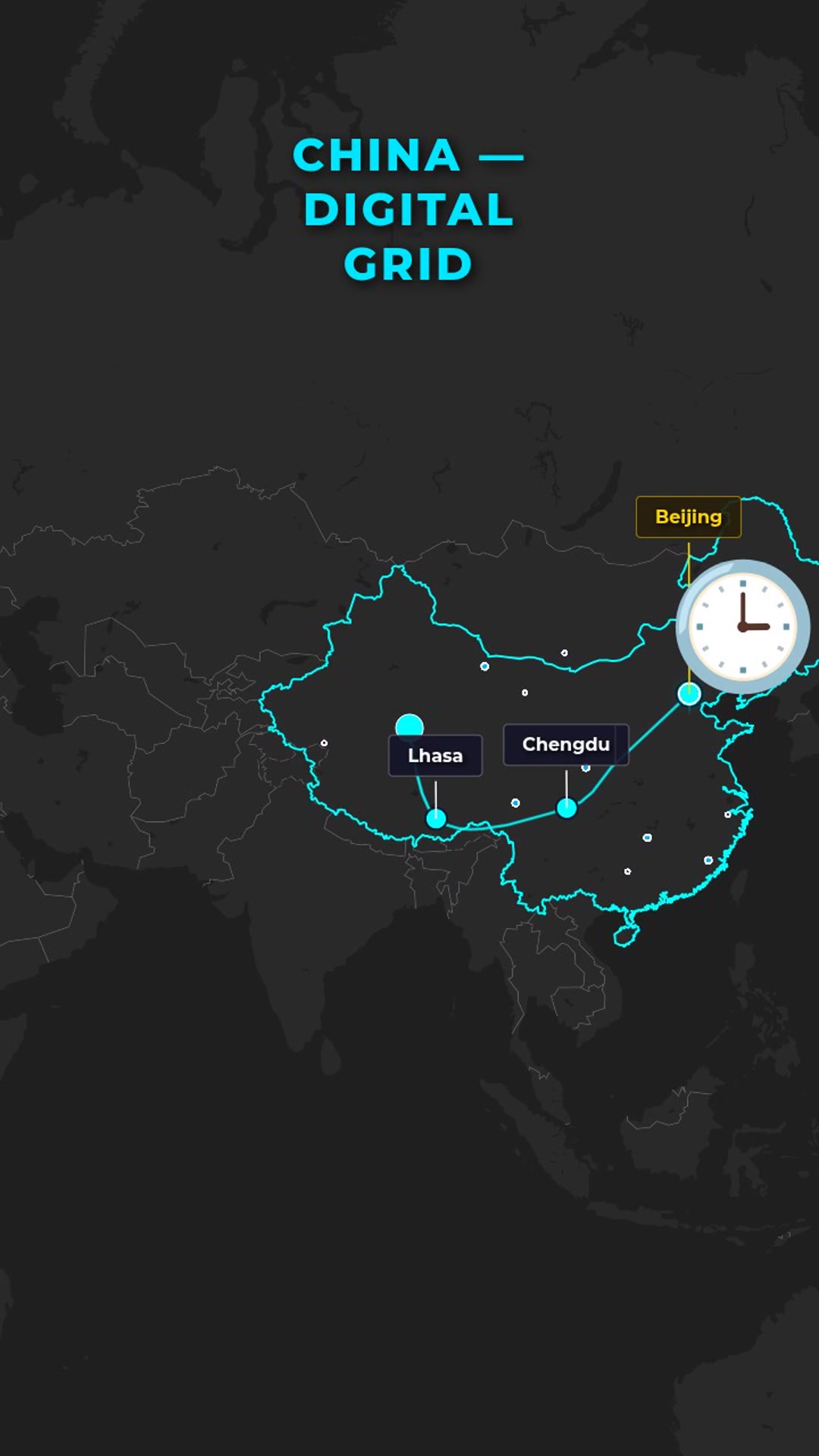 Cinematic Neon Pulse Across China — Beijing Clock & Western Connections — AI map animation template