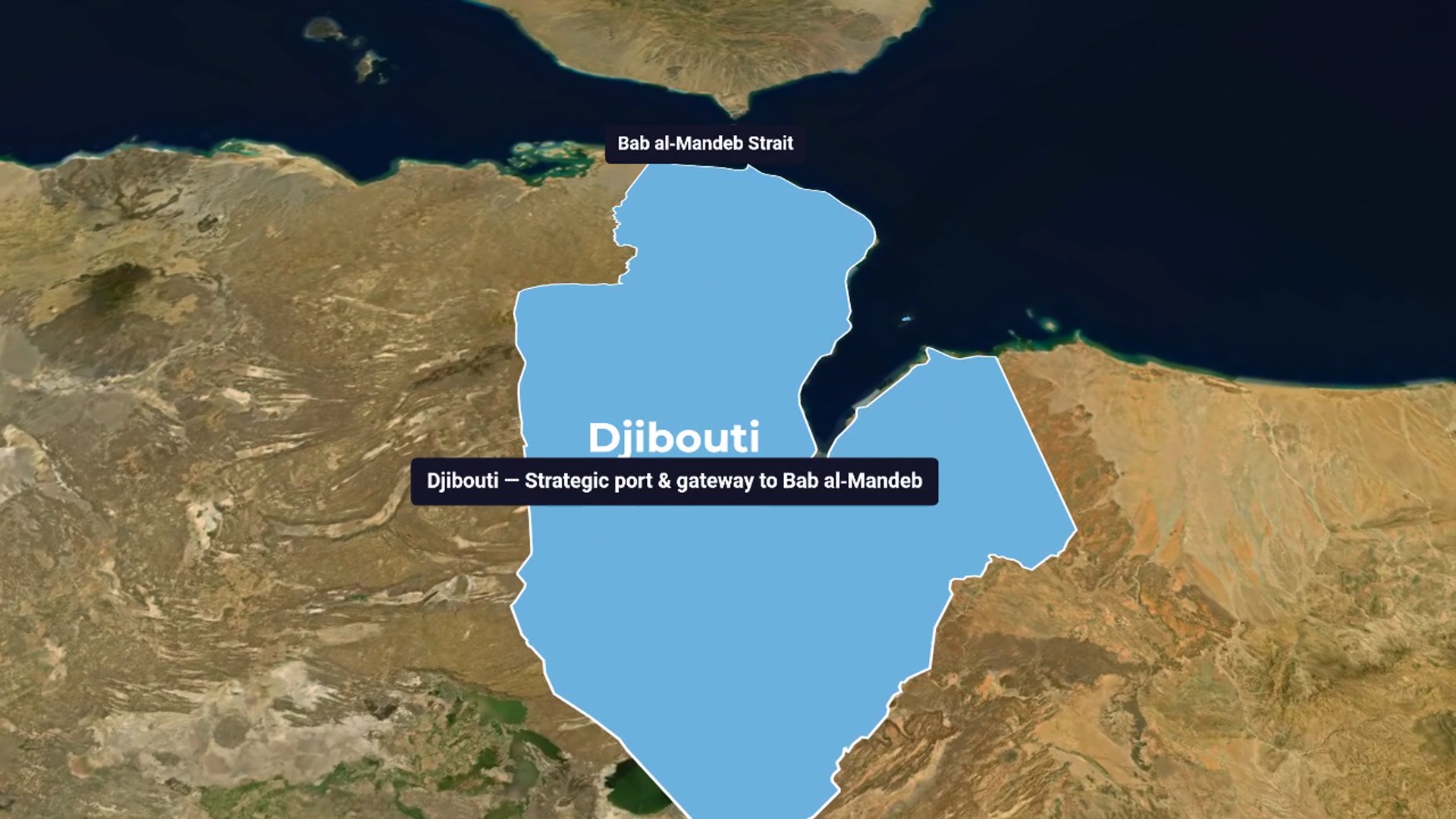 World-to-Djibouti Zoom with Pop-up Labels for Djibouti and Bab el-Mandeb Strait — AI map animation template
