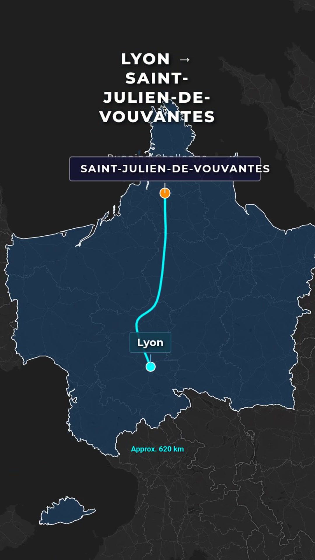 Lyon → Saint-Julien-de-Vouvantes Running Route — Cinematic Vertical Reel (9:16) — AI map animation template