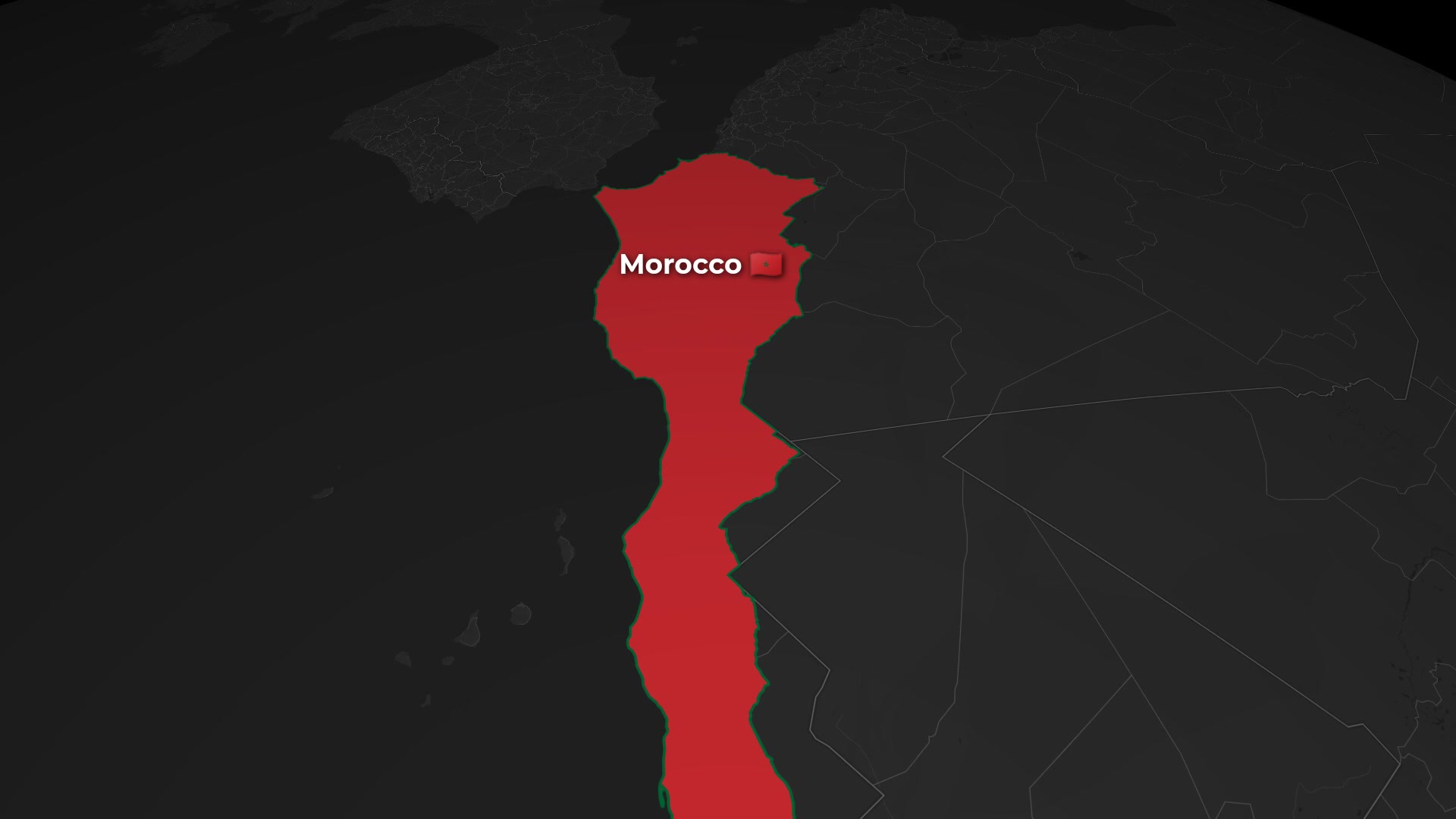 Dark-Themed Globe Zoom to Morocco — Flag-Color Border Trace with English Name and Flag — AI map animation template