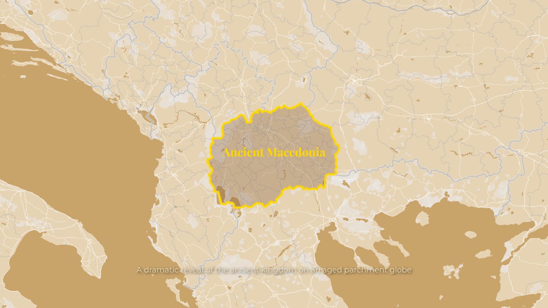 Epic Cinematic Journey: Globe → Europe → Ancient Macedonia (Parchment Map with Golden Border Highlight) — AI map animation template