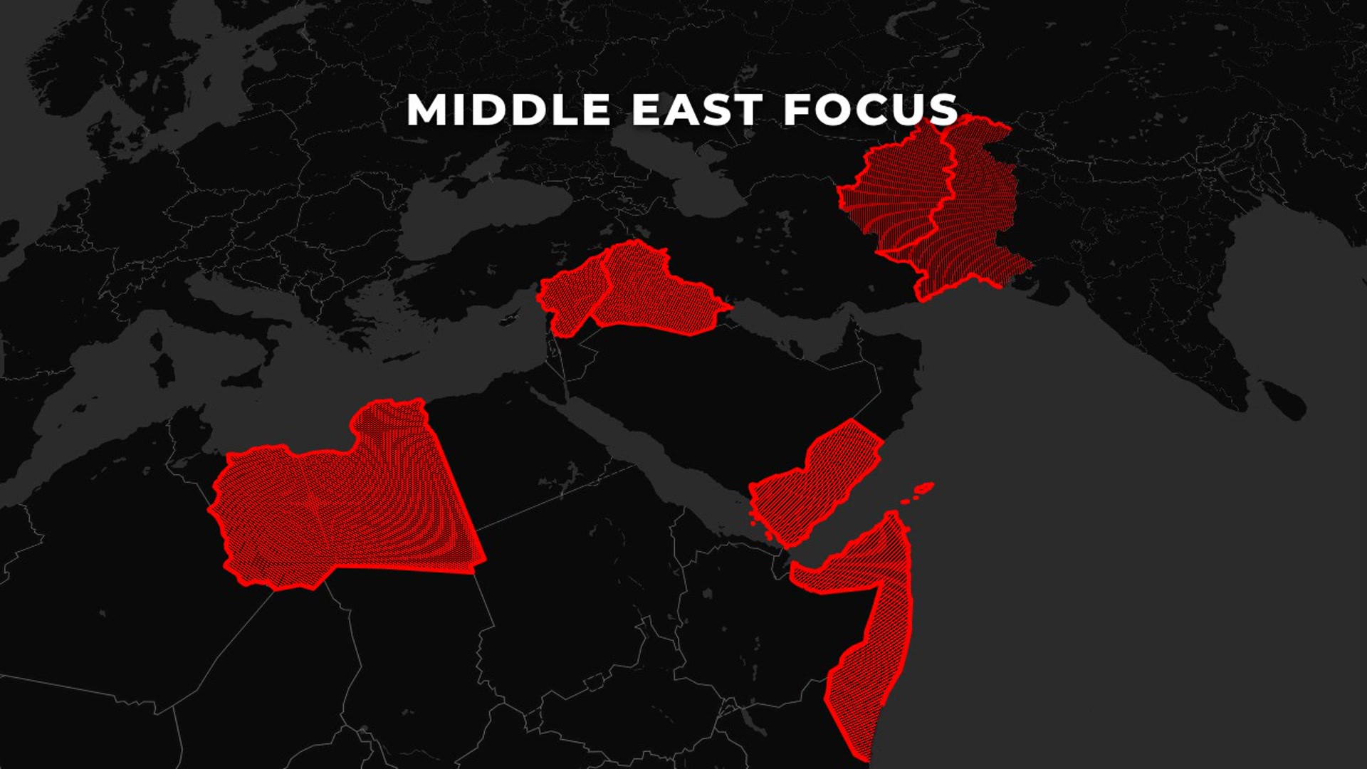 Black‑Grey 2D World Map — Zoom Out, Trace Selected Countries with Thick Red Borders and Black/Red National Flags, Pan/Tilt to Middle East — AI map animation template