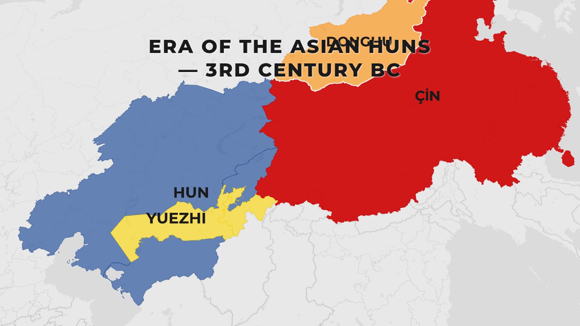 Cinematic Zoom to Central & East Asia — Asian Huns Era (3rd century BC) with Hun, Qin, Yuezhi, Donghu Highlights — AI map animation template