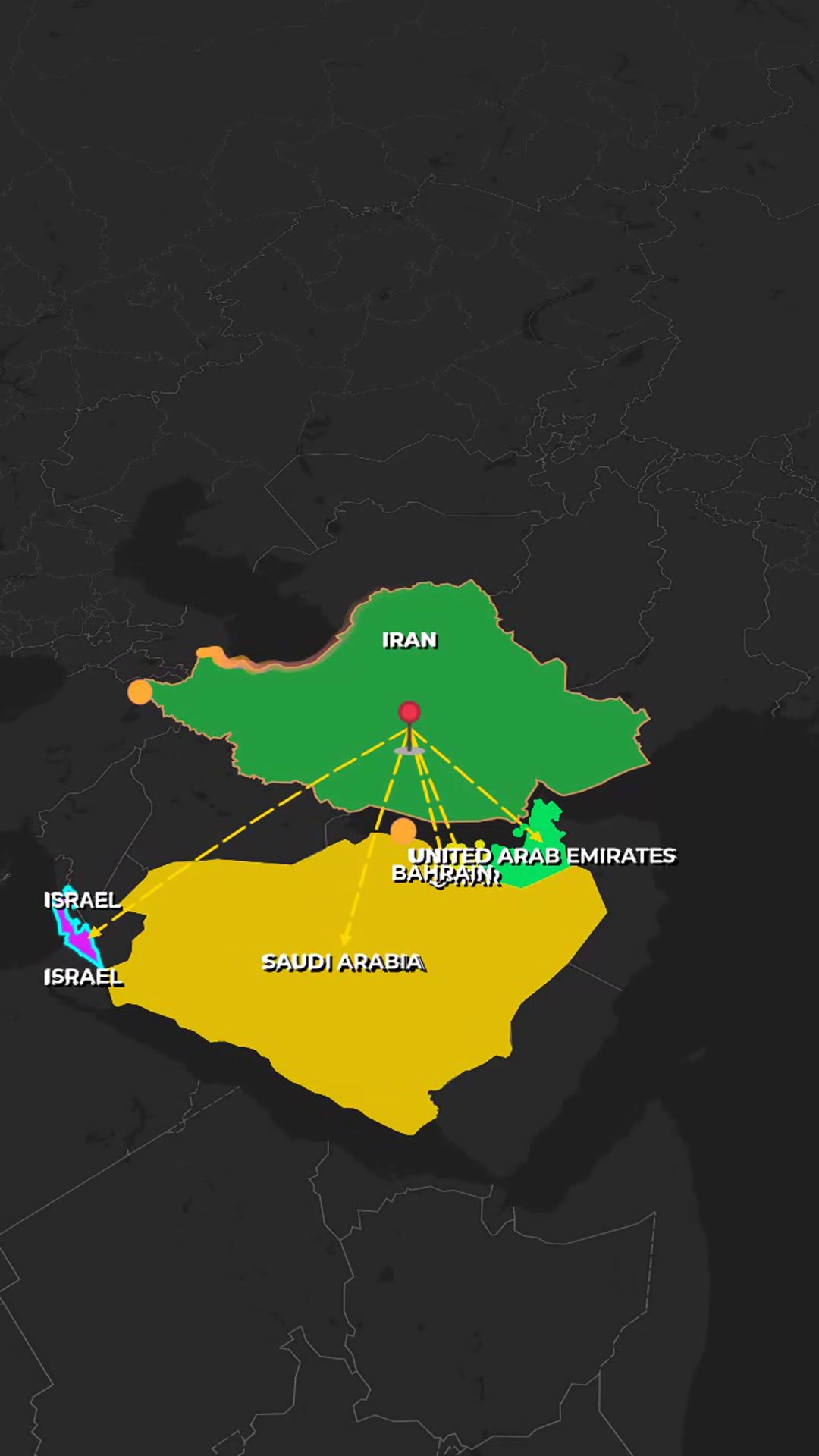 Dark-Themed Iran Tension Animation — Israel to GCC Targets (Tanks, Flag Fill, Comet Border, Neon Arc Arrows) — AI map animation template