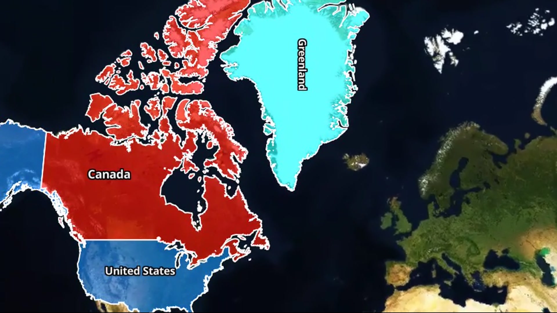 Cinematic zoom into USA, tilt/pan to Canada and Greenland with vibrant highlights and pulse (0–15s) — AI map animation template