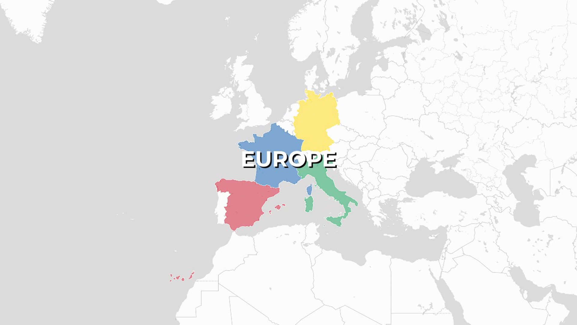 15s Europe Rapid Sequence: France → Spain → Italy → Germany with Borders, Colored Fills and Zoom-Responsive Labels — AI map animation template
