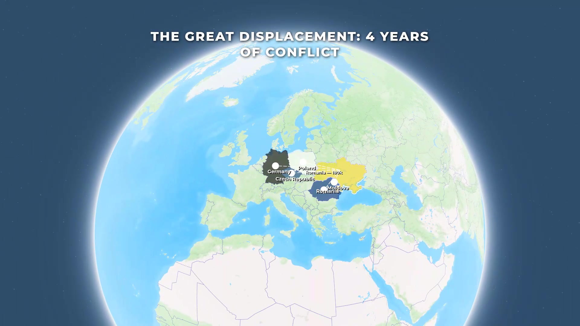 The Great Displacement — Ukraine Refugee Flows to Poland, Germany, Czech Republic, Moldova, Romania — AI map animation template