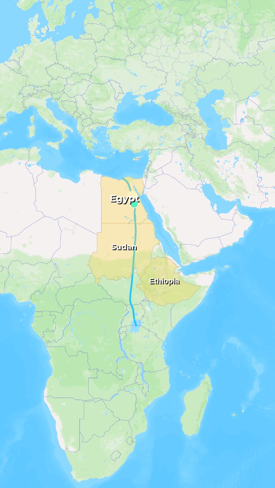 Nile River Flow Animation: Wide Africa-to-Northeast Zoom with Glowing Blue River, Northward Flow, Directional Arrows and Sequential Highlights (Ethiopia, Sudan, Egypt) — AI map animation template