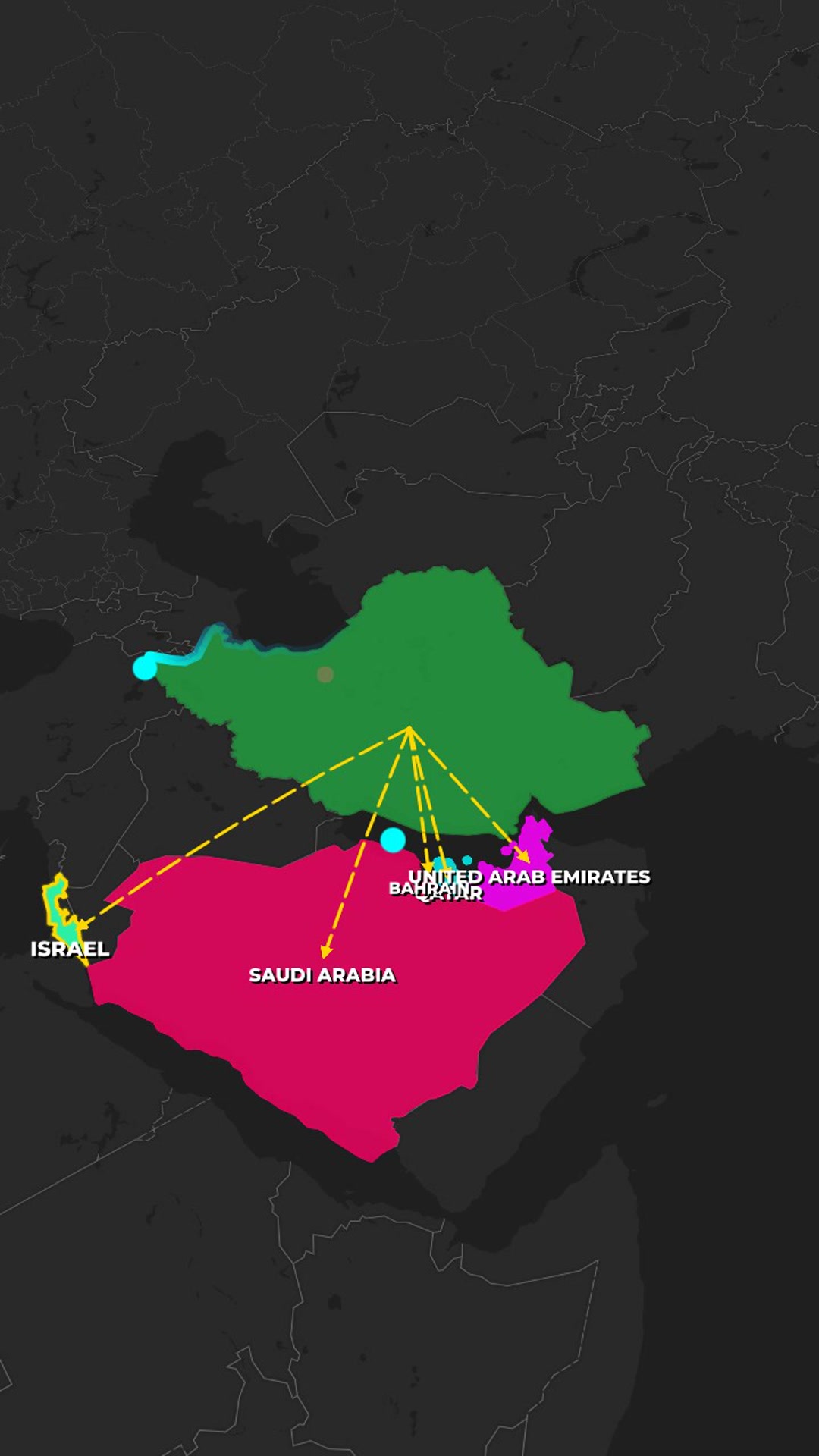 Dark Map — Iran: Tanks Advance to Tehran, Comet Border Trail & Neon Arrows to Israel, UAE, Qatar, Bahrain, Saudi Arabia — AI map animation template