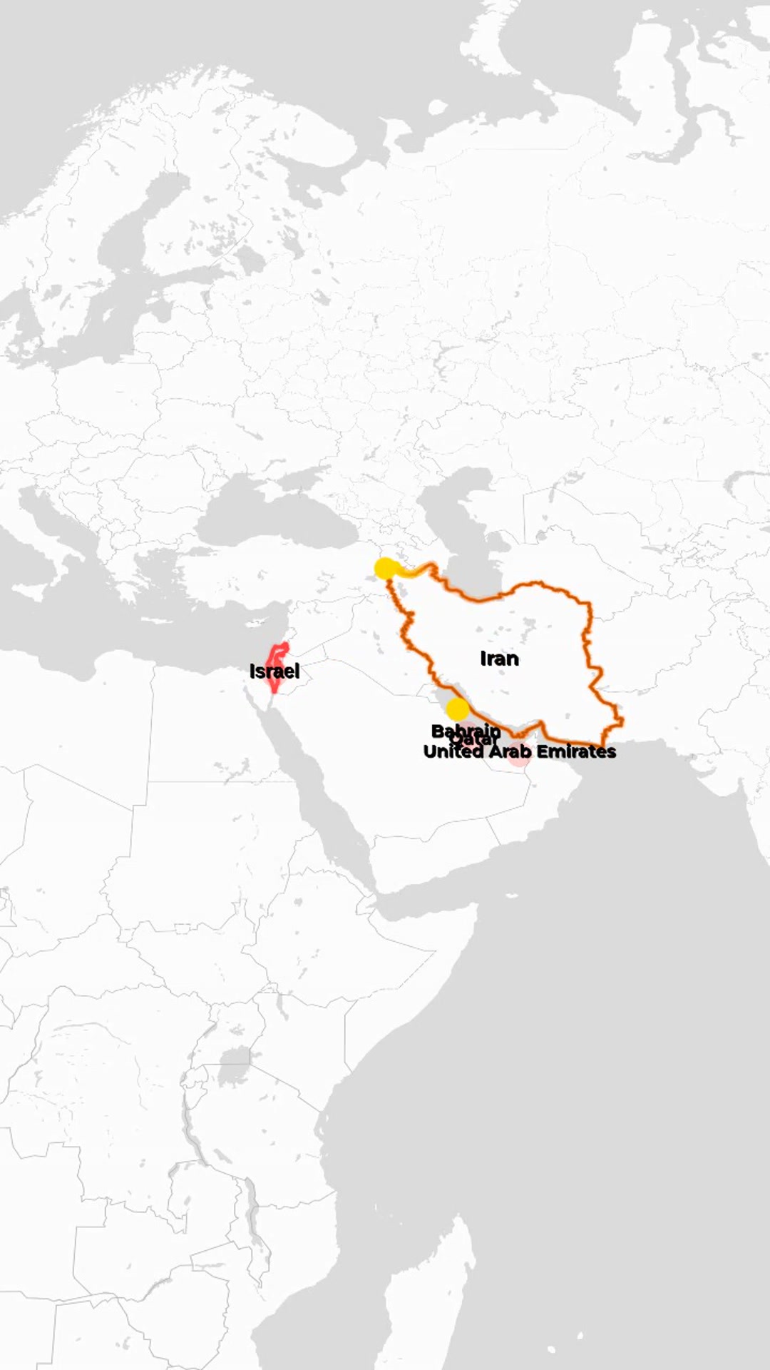 Cinematic Iran Attack Activation — Pulsing Anger Emojis on Israel & Iran with Arced Red Comet Arrows to Gulf Targets — AI map animation template