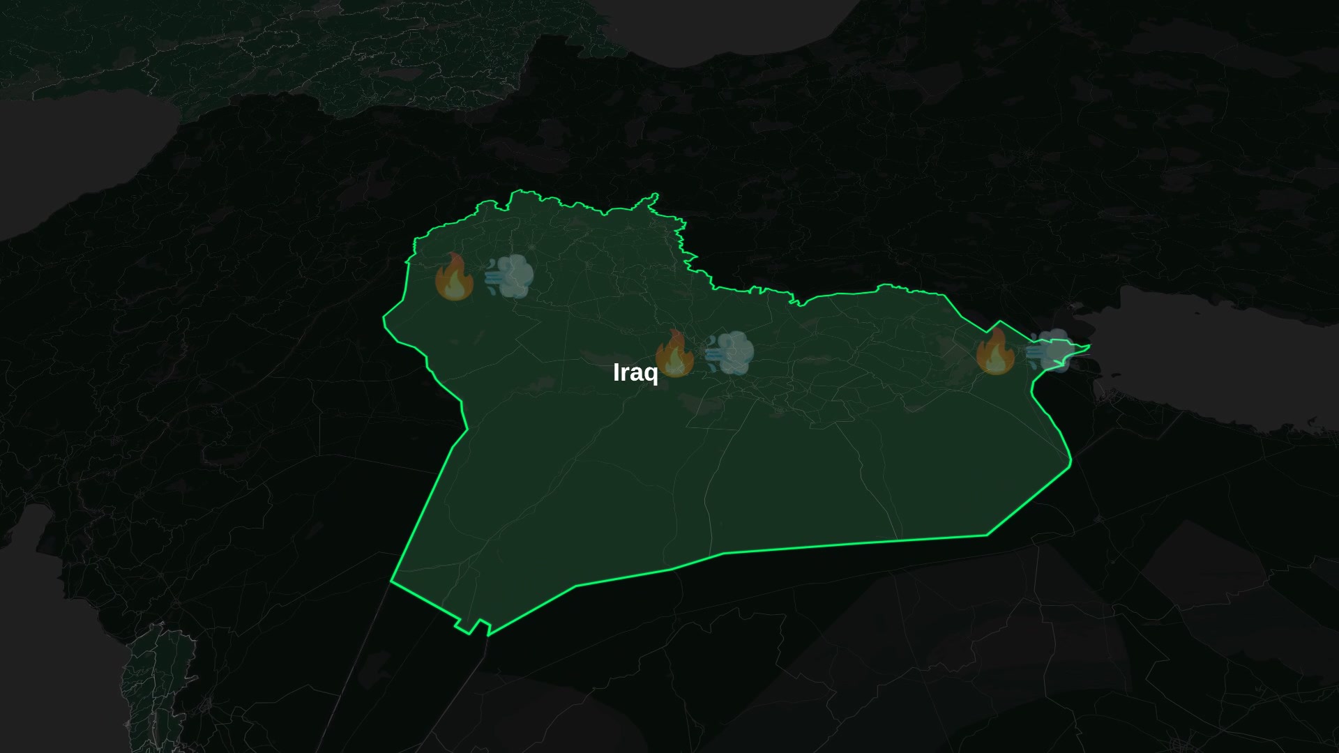 Iraq Military Tactical Flyover — Bomber Pass with Smoke & Fire (15s) — AI map animation template