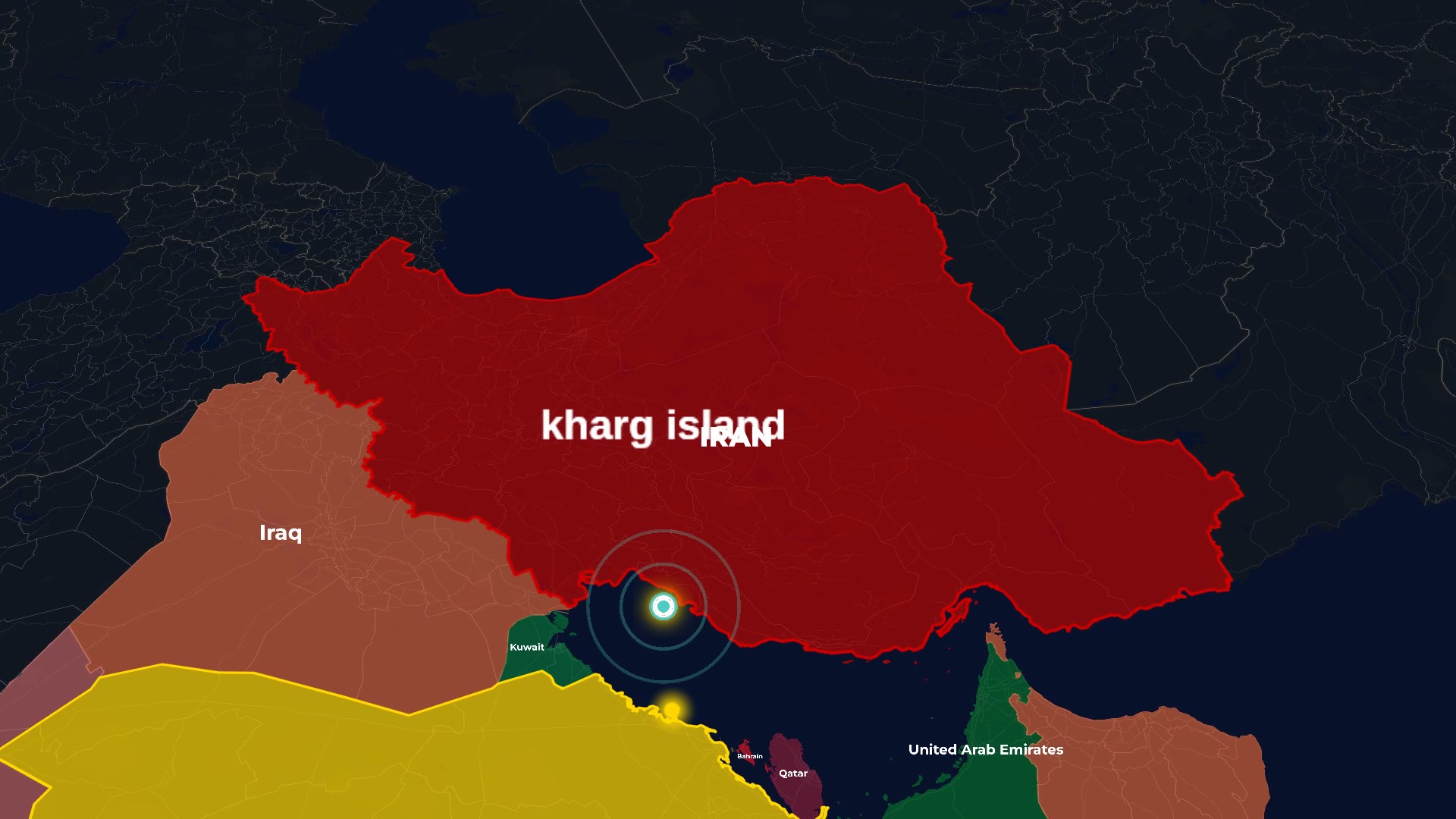 Kharg Island Spotlight — Pulsing Ripple & Middle East Country Glow (Cinematic Dark Map) — AI map animation template