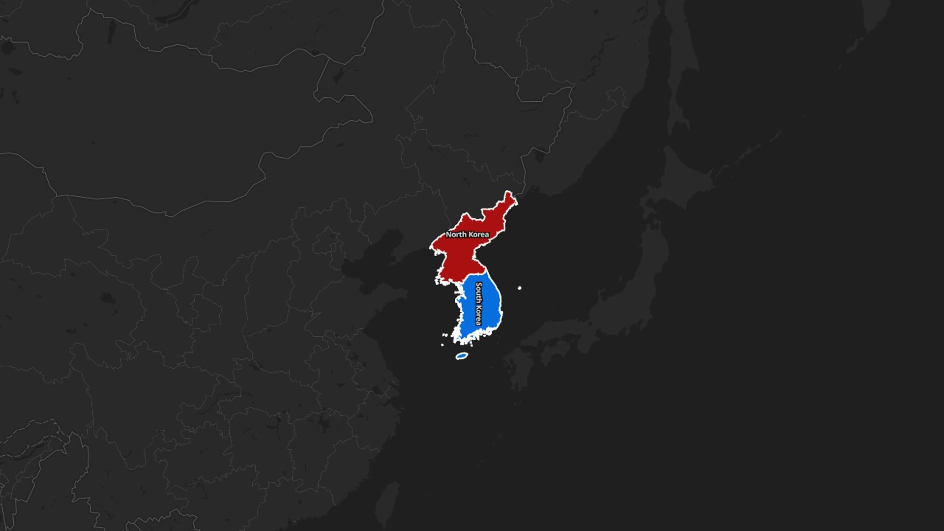 Dark-Theme Cinematic Zoom & Pan: South Korea (blue highlight) → North Korea (red highlight) with pulse and labels — AI map animation template