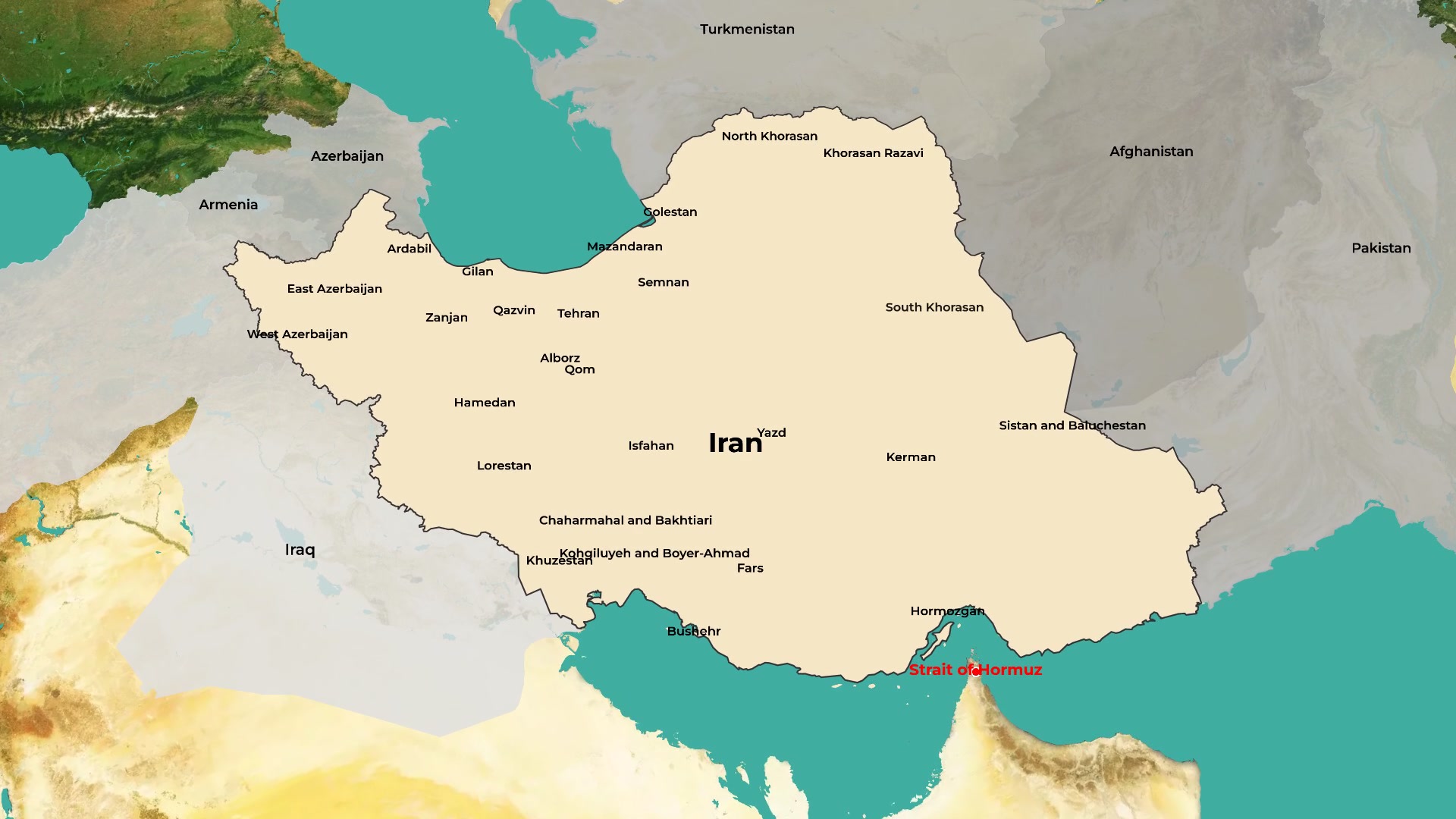 World-to-Iran Zoom with Sequential Province Labels and Strait of Hormuz Flicker — AI map animation template