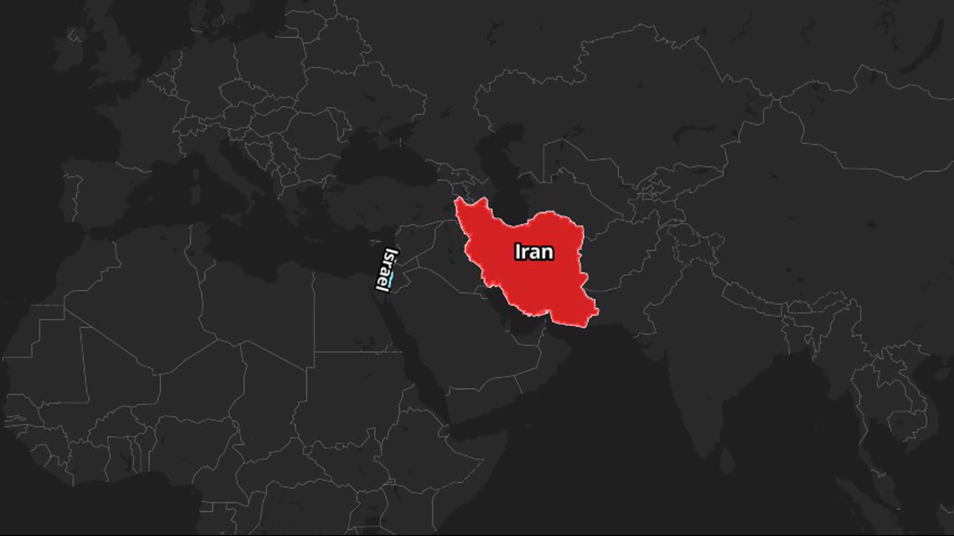 Cinematic dark map: ease-in-out zoom into Israel, pan to Iran with electric-blue and strong-red highlights — AI map animation template