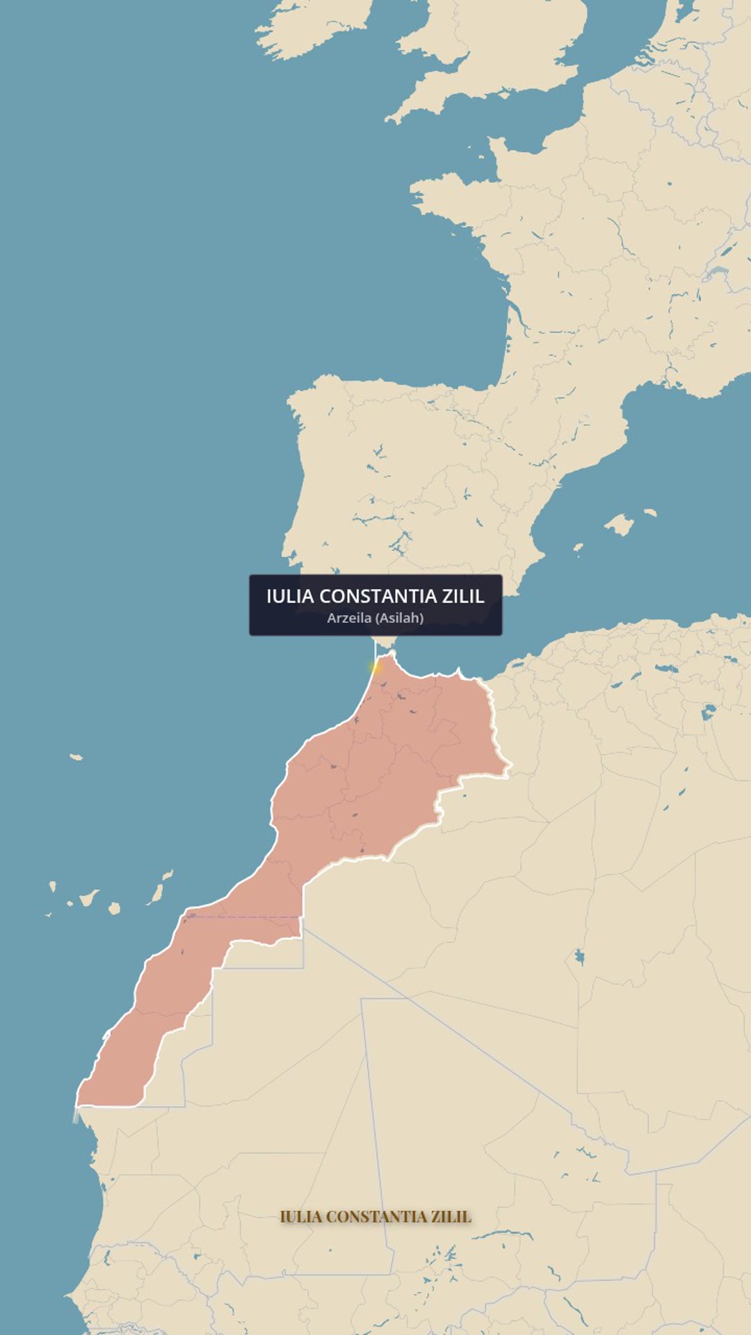 Roman Empire Historical Map — Mediterranean View to Iulia Constantia Zilil (Morocco) — AI map animation template