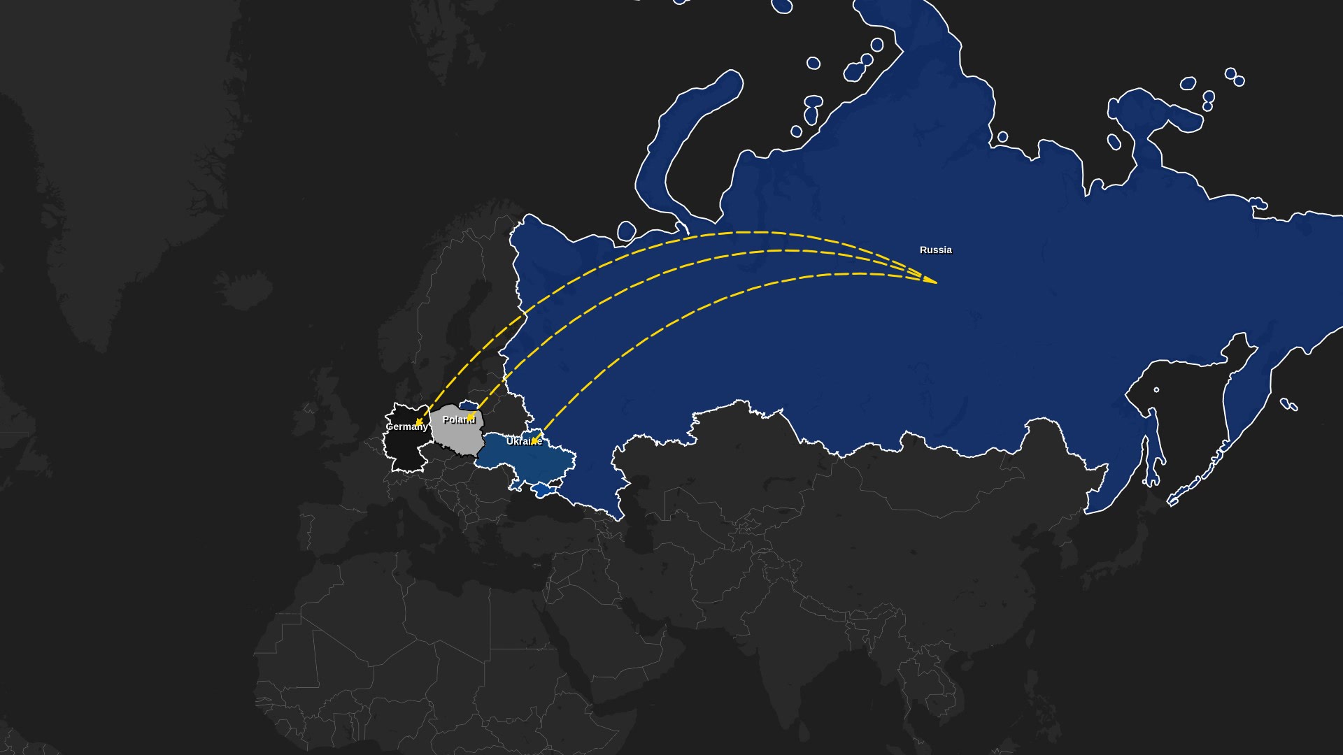 Dark World Map — Russia Arrows Spreading to Ukraine, Poland & Germany (Animated Outward Draw, Zoomed Out) — AI map animation template