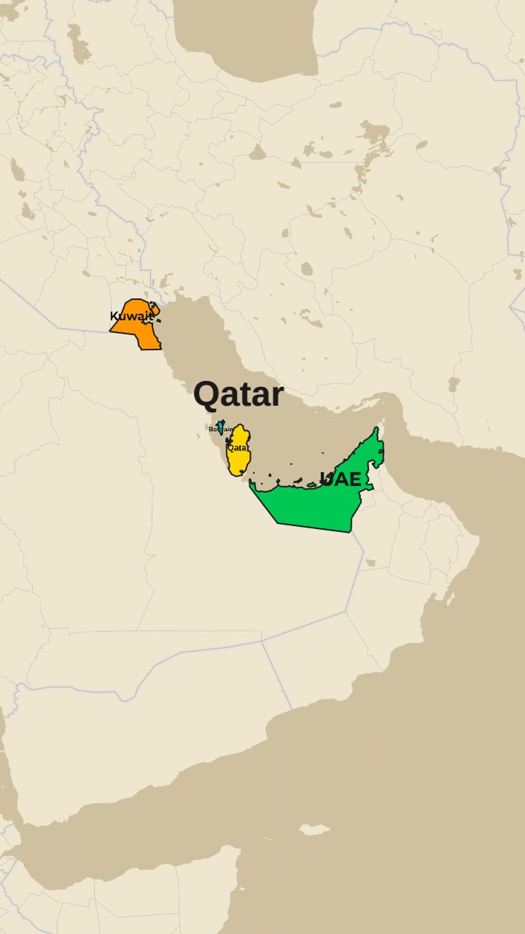 Cinematic Middle East Map: Qatar → Kuwait → Bahrain → UAE Highlights with 2× Radar & Tank Icons — AI map animation template