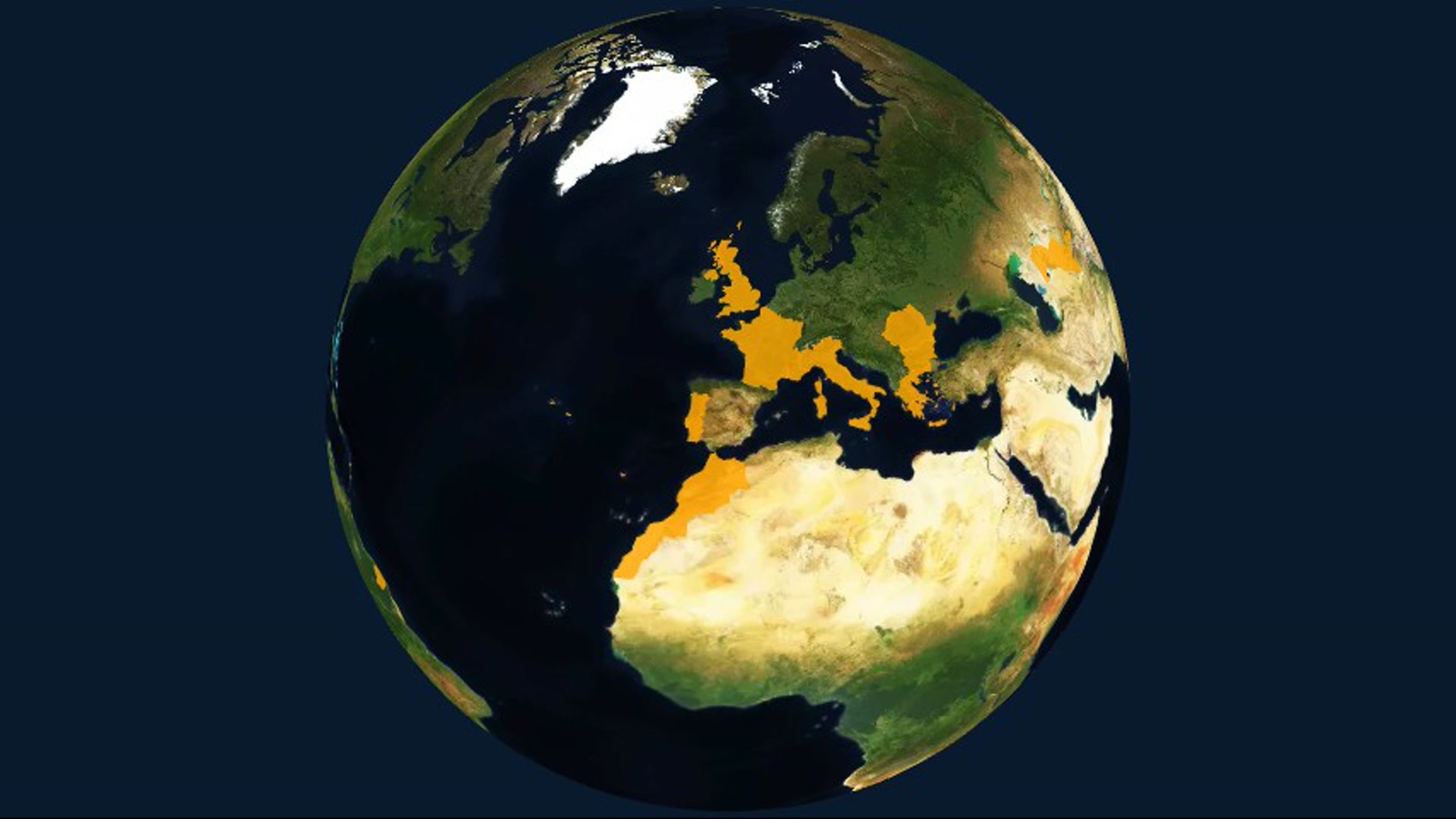 Cinematic Globe Rotation with Sequential Orange Highlights Starting from Spain — AI map animation template