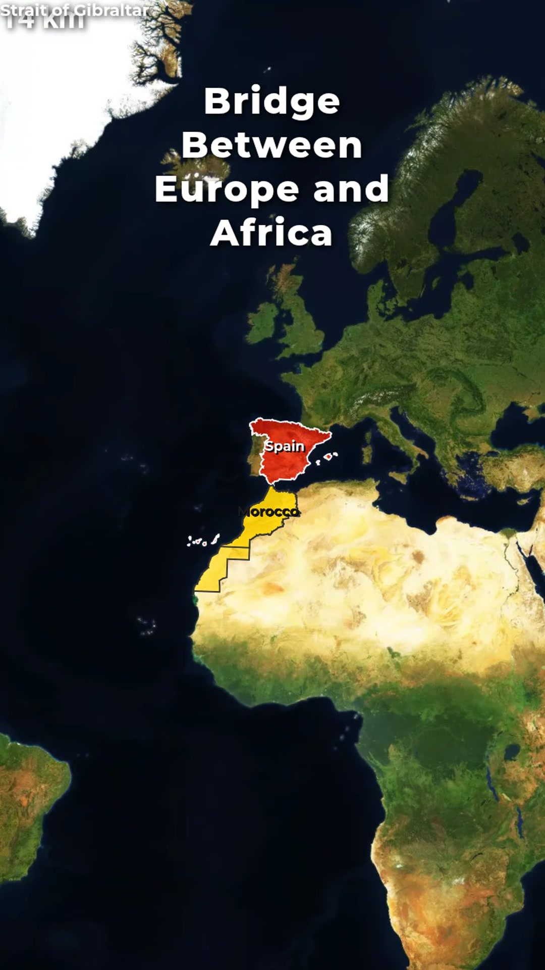 Strait of Gibraltar — Bridge Between Europe and Africa: Spain-Morocco 14 km Line with Counter and Country Highlights — AI map animation template