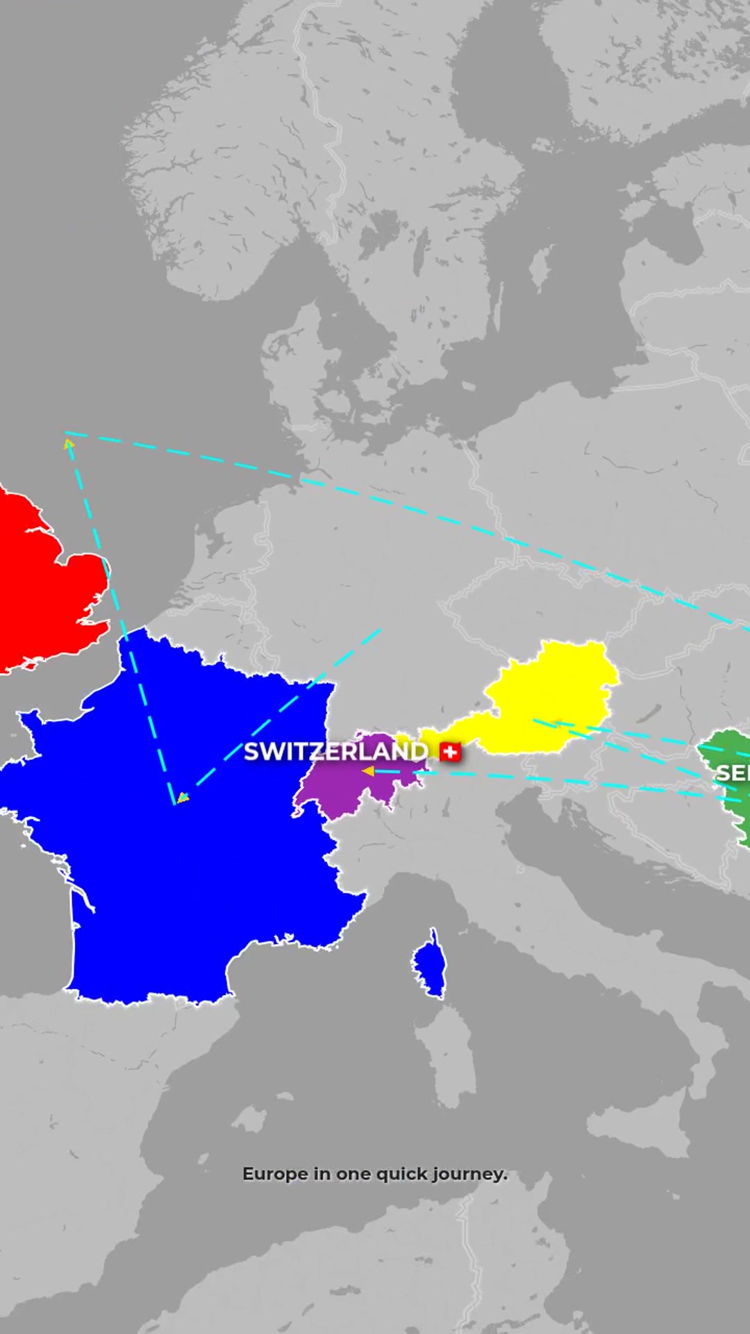 Europe Step-by-Step Journey: France → England → Turkey → Austria → Serbia → Switzerland — AI map animation template