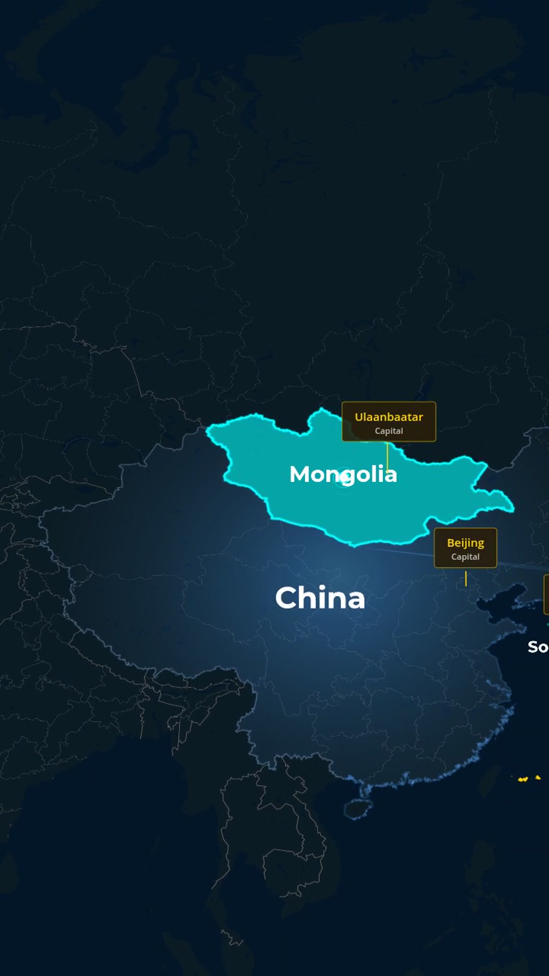 Dark Cinematic Map: World → East Asia Zoom into Mongolia with Glowing Highlights and Ripple — AI map animation template