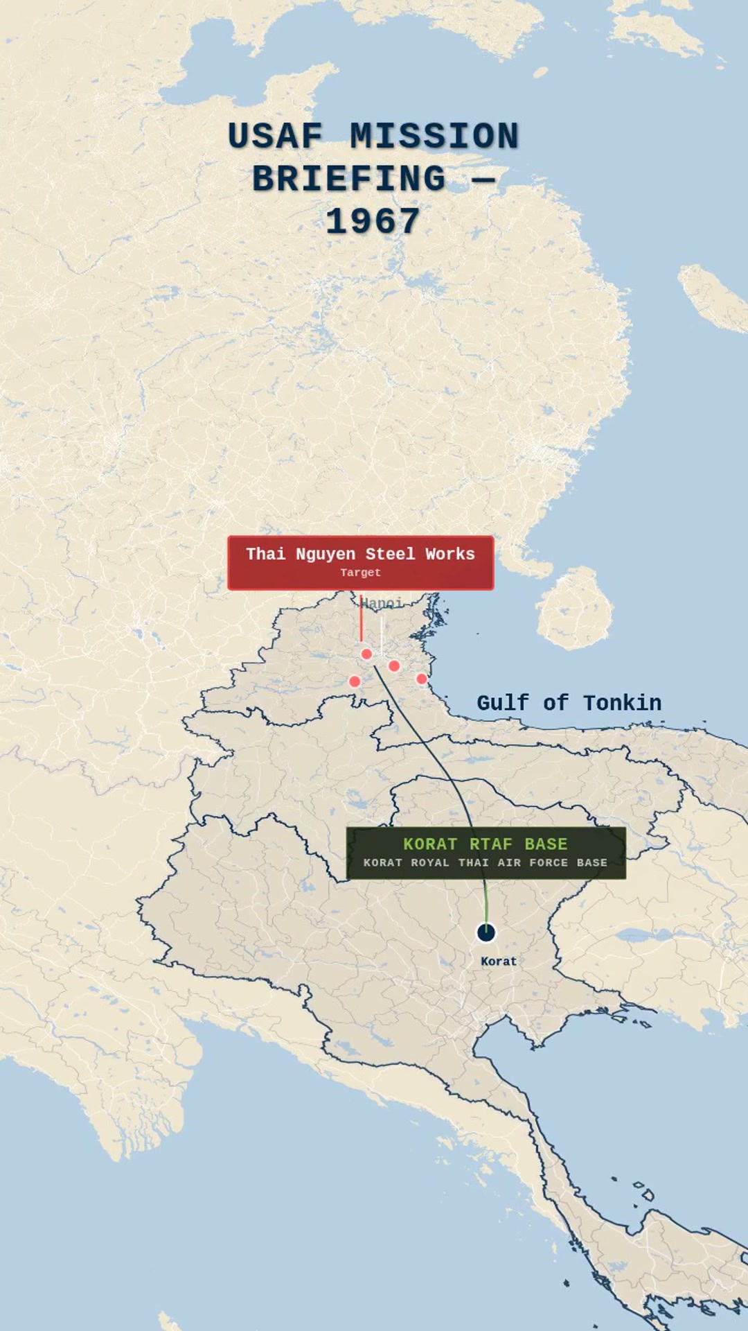 Declassified 1967 USAF Mission — F‑105 Strike Flight from Korat to Thai Nguyen — AI map animation template