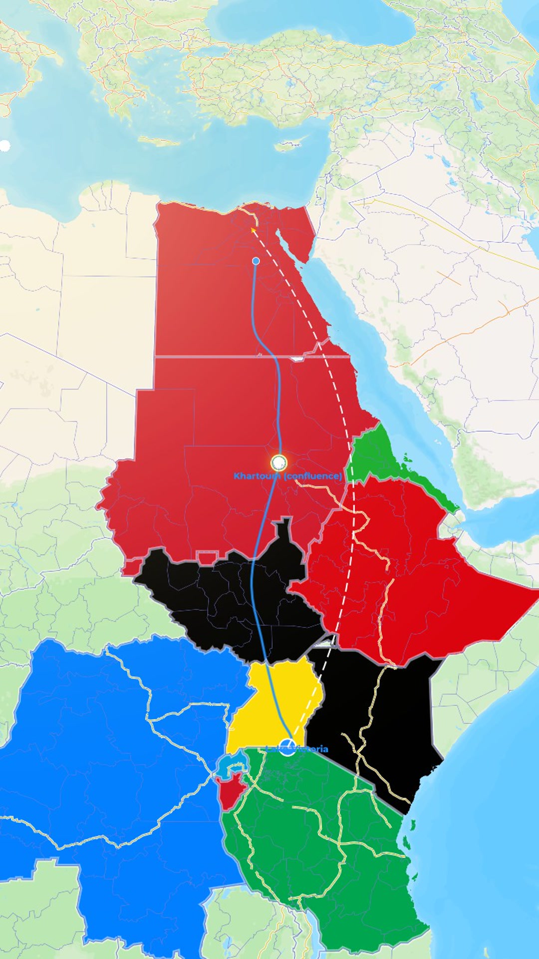 Nile River Flow — Africa Wide-to-Northeast Zoom with Glowing River, Flow Arrows & Country Highlights — AI map animation template